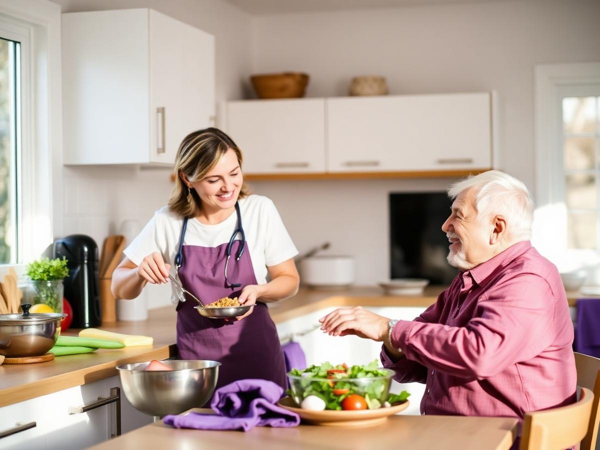 Caregiver preparing a healthy meal with an elderly gentleman